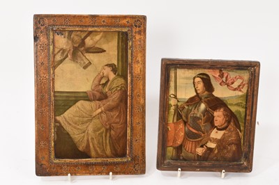 Lot 1136 - Two small Pre-Raphaelite style printed wooden panels from Liberty, London