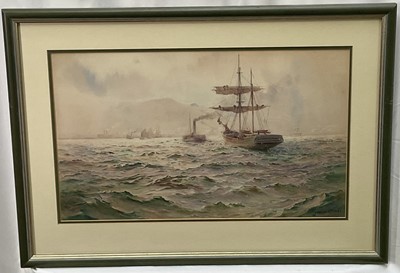 Lot 308 - James Aitkin, early 20th century watercolour - A Tow up the Mersey, signed, 30cm x 49cm, in glazed frame