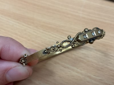 Lot 224 - Edwardian 15ct gold diamond three stone hinged bangle with applied ropetwist and ball decoration (Birmingham 1902)