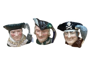 Lot 1042 - Six Royal Doulton character jugs - Sir Thomas More D6792, Robin Hood D6527, D'artagnan D6691, The Poacher D6781, Neptune D6548 and Long John Silver D6335