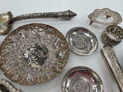 Lot 136 - Collection of Indian and Middle Eastern silver and white metal items to include pin dishes, ashtray, napkin rings and other items.