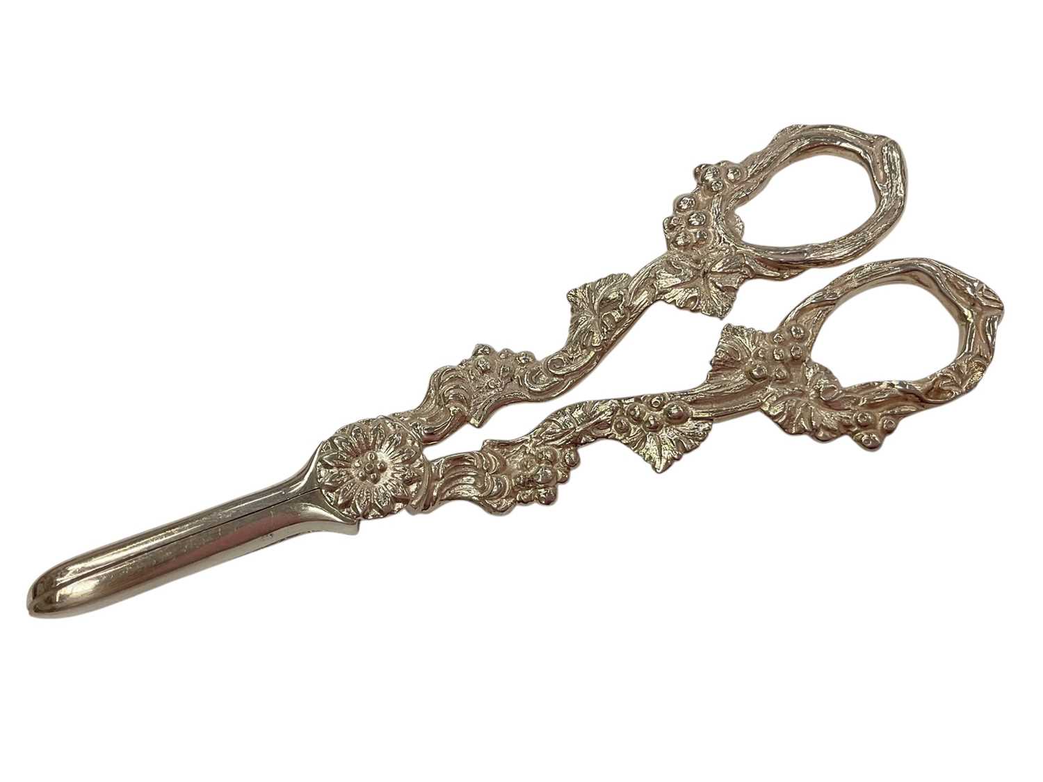 Lot 138 - Contemporary silver grape scissors with handles modelled as fruiting vines, (Birmingham 1972), maker P H Vogel & Co, 16.2cm in overall length.