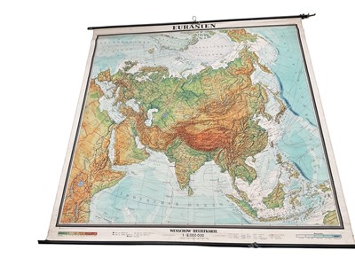 Lot 2513 - Large vintage mid-century German school map on linen titled “Eurasien” – 84inches (213cm) wide.