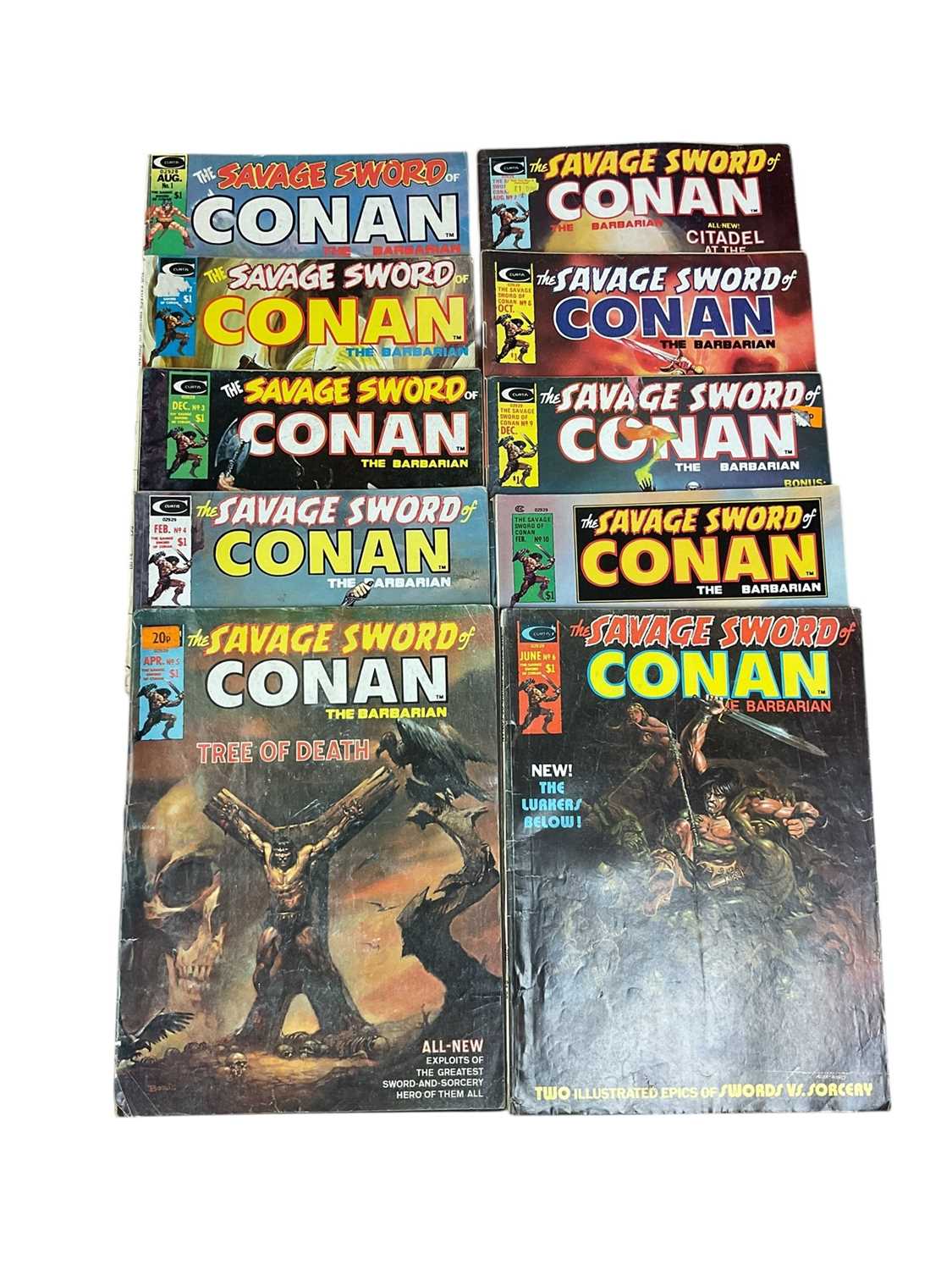 Lot 2840 - Savage Sword of Conan the Barbarian (Curtis). Issues #1 - #10 (1974 and 1975). #1 - includes the debut of Red Sonja's chain mail bikini and first appearance of Blackmark. (10)