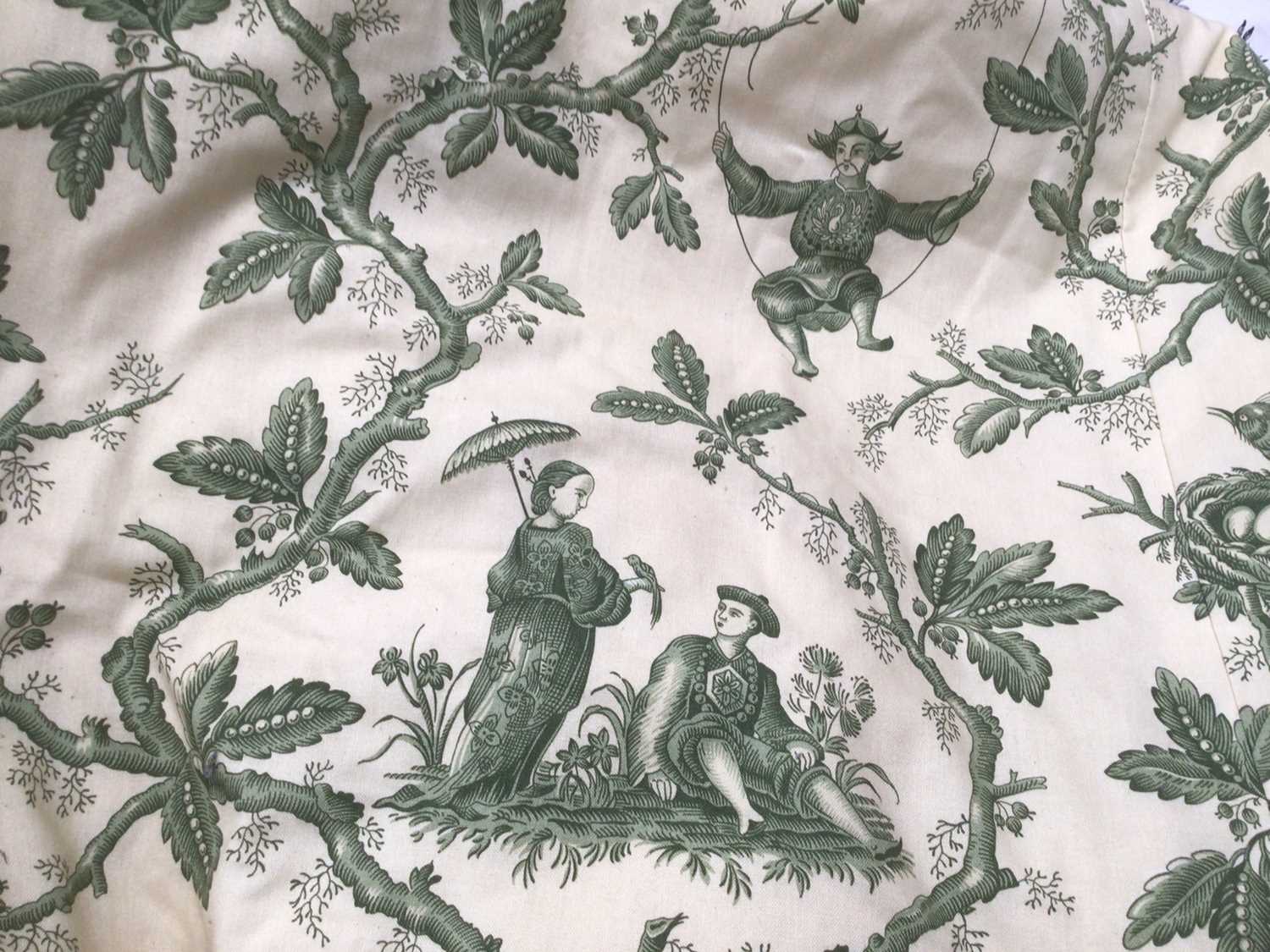 Lot 2133 - Curtains Green and Cream toile style oriental design, lined and interlined with pinch pleat heading. Measured flat one curtain width 180cms x drop 180cms, pair width 300cms x drop 220cm...