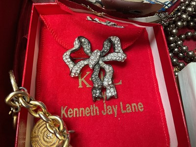 Lot 145 - Kenneth Lane paste set bow brooch in box, Alexis Kirk silvered articulated cuff choker necklace and two belts with dust bags, Agatha gilt metal necklace, bracelet and pair of matching earrings,...