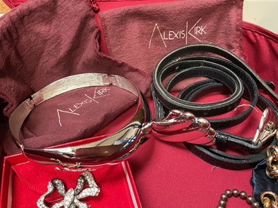 Lot 145 - Kenneth Lane paste set bow brooch in box, Alexis Kirk silvered articulated cuff choker necklace and two belts with dust bags, Agatha gilt metal necklace, bracelet and pair of matching earrings,...