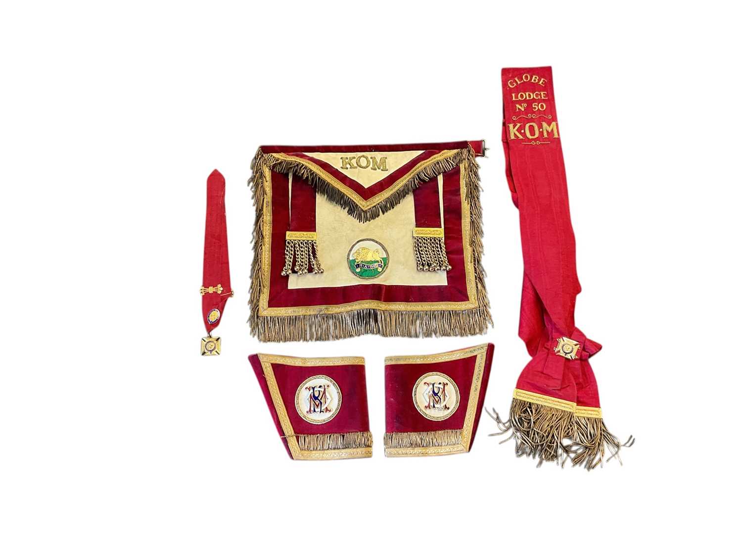 Lot 2543 - Display board with vintage R.A.O.B. regalia, apron, jewel etc for the ‘Globe Lodge No.50’