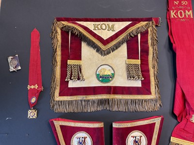 Lot 2543 - Display board with vintage R.A.O.B. regalia, apron, jewel etc for the ‘Globe Lodge No.50’