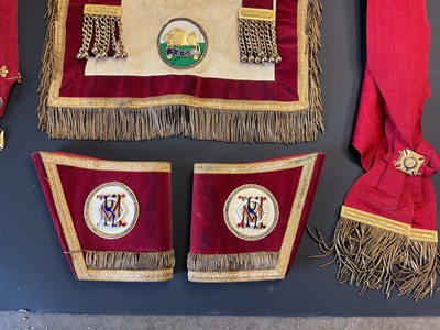 Lot 2543 - Display board with vintage R.A.O.B. regalia, apron, jewel etc for the ‘Globe Lodge No.50’