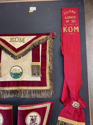 Lot 2543 - Display board with vintage R.A.O.B. regalia, apron, jewel etc for the ‘Globe Lodge No.50’
