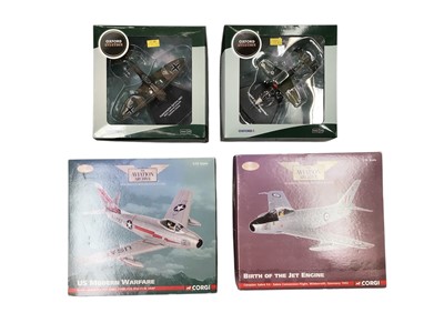 Lot 2024 - Corgi The Aviation Archive 1:72 scale Canadair Sabre F.4, Boxed AA35812 & North American F.86A Sabre, boxed AA35802, plus Corgi Oxford Aviation Supermarine Spitfire MkI, boxed AC086 & He...