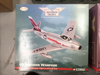Lot 2024 - Corgi The Aviation Archive 1:72 scale Canadair Sabre F.4, Boxed AA35812 & North American F.86A Sabre, boxed AA35802, plus Corgi Oxford Aviation Supermarine Spitfire MkI, boxed AC086 & He...