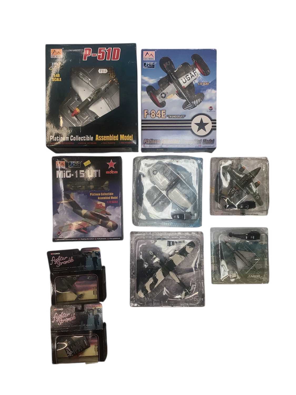 Lot 2025 - Easy Models 1:48 scale Mustang P-51D, boxed 39303 & 1:72 scale F-84E Thunderjet, boxed 37109 & MiG 15 UTI, boxed 37135, plus other model aircraft (1 box)