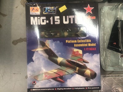 Lot 2025 - Easy Models 1:48 scale Mustang P-51D, boxed 39303 & 1:72 scale F-84E Thunderjet, boxed 37109 & MiG 15 UTI, boxed 37135, plus other model aircraft (1 box)