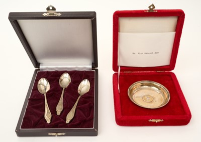 Lot 32 - H.I.H. Prince Naruhito of Japan, three silver presentation teaspoons with Imperial Mon badge decoration in fitted case with presentation letter dated 1986 and Turkish silver presentation dish fr...