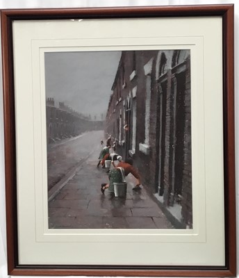 Lot 314 - Marc Grimshaw (b.1957), Cleaning The Steps, pastel, signed