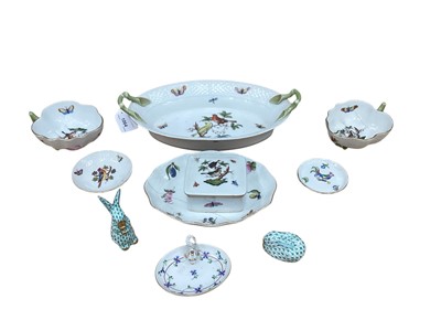 Lot 1064 - Herend Porcelain Rothschild Birds pattern oval two handled dish, two Herend porcelain figures of Rabbits and other Herend items.
