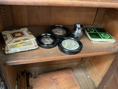 Lot 89 - Three 19th century Prattware pot lids in ebonised wood frames and small group of Victorian tiles (1 box).