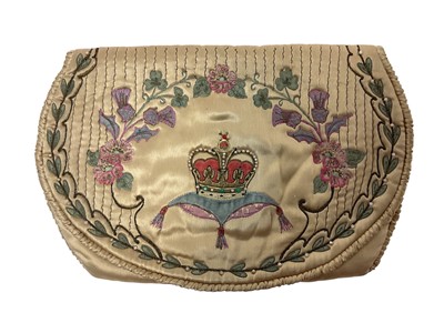 Lot 41 - 1950s embroidered silk Coronation commemorative night dress case, lot Royal commemorative items, Royal Yacht tour maps and crew and Royal Household photographs etc.