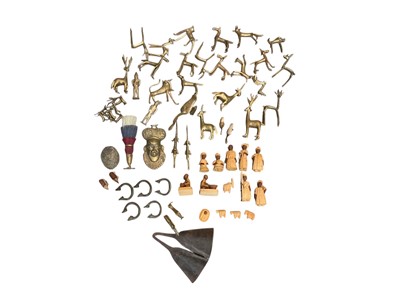 Lot 2490 - Collection of 1950s-70s Nigerian brass figures, bells, etc, together with some Nigerian root carvings
