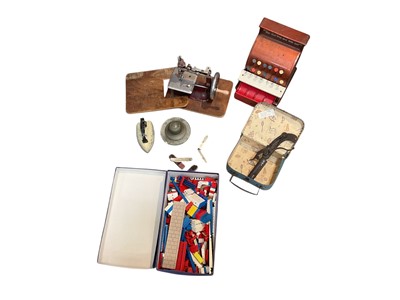 Lot 2491 - Sundry items, including silver and mother of pearl pen knives, miniature sewing machine, tin plate till, etc (2 boxes)