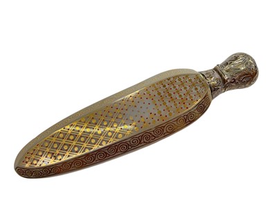 Lot 194 - Good quality 19th century Continental opalescent glass scent bottle with gilded decoration and gilded white metal mount with engraved decoration, 13cm in overall length.