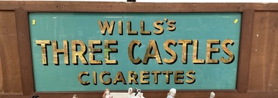Lot 2503 - Large and impressive Will's Three Castles Cigarettes sign reverse glass shop display / advertising sign, in oak surround, the sign itself measures 120 x 46cm.
