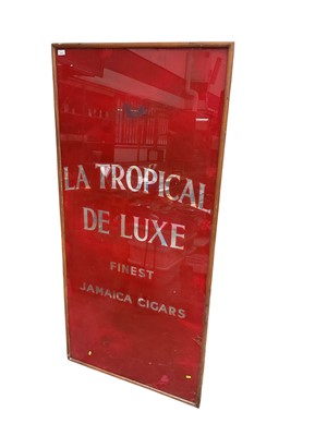Lot 2577 - Large and impressive La Tropical De Luxe Finest Jamaica Cigars reverse glass shop display / advertising sign in wooden frame, 179 x 87cm