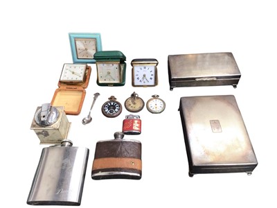 Lot 2506 - Group of sundry items to include travel clocks, cigarette boxes and tins, two unopened cigars, pocket watches and others