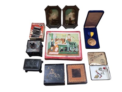 Lot 2507 - Large group of sundry items to include two small oil paintings of hunting scenes and others (two boxes
