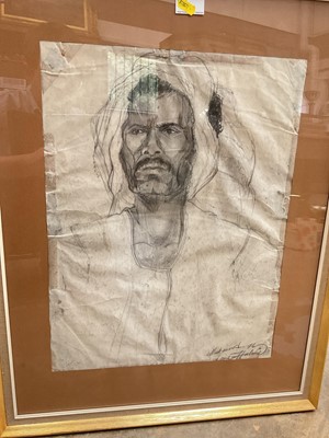 Lot 961 - Graphite on paper portrait of an eastern man, titled “Muhammed”, inscribed and dated ’76 lower right. 48.5cm x 37cm excluding frame