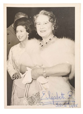 Lot 45 - H.M. Queen Elizabeth The Queen Mother, signed presentation photograph of Her Majesty with Princess Margaret, signed in ink ' Elizabeth R Feb.2nd 1965' 20.3 x 15cm