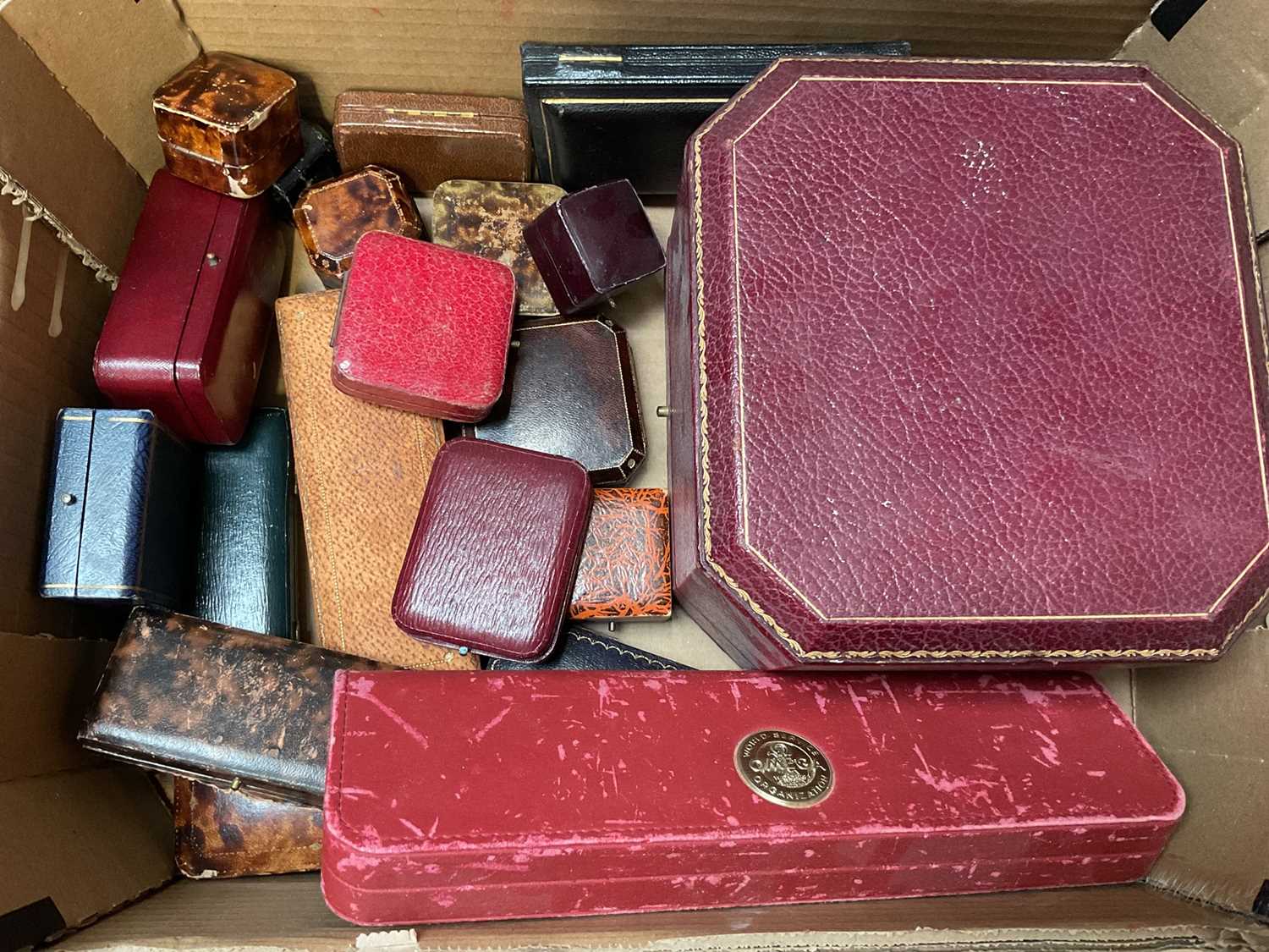 Lot 203 - Collection of antique and later empty jewellery boxes, Omega watch box and Harrods red leather box