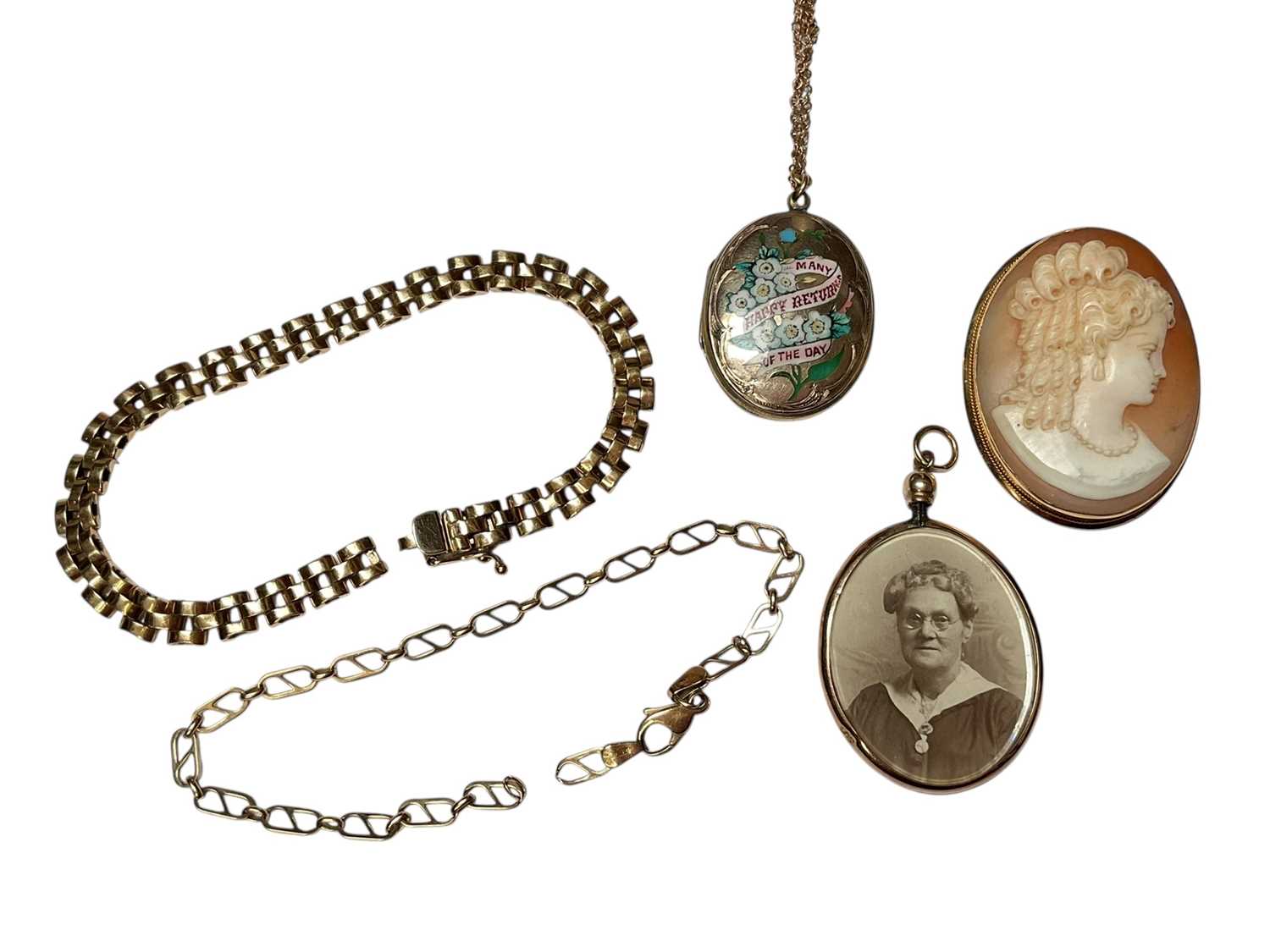 Lot 209 - Two 9ct gold chains, 9ct gold mounted cameo brooch, Victorian enamelled locket on 9ct gold chain and gold mounted glazed locket