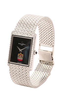 Lot 48 - Fine 1980s Baume & Mercier 18ct white gold dress watch on integral 18ct white gold mesh bracelet with black dial decorated with the United Arab Emirates Eagle coat of Arms with dagger hands,...