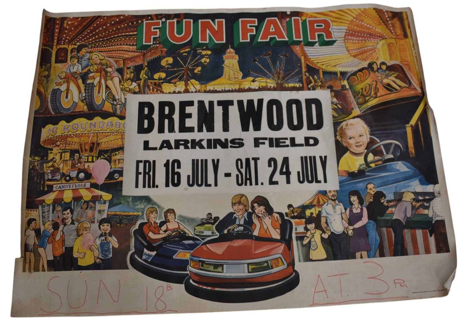Lot 1254 - Vintage Fairground / Circus poster, "Fun Fair Brentwood, Larkins Field, Fri. 16 July - Sat. 24 July", printed by W. E. Berry Ltd, Bradford. 101 x 76...