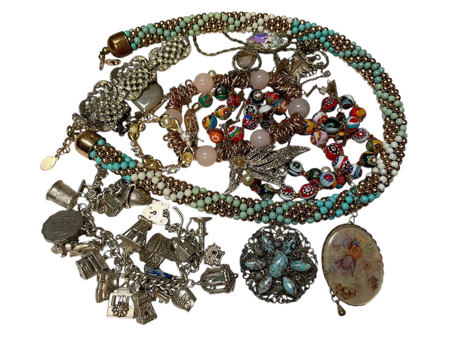 Lot 210 - Silver charm bracelet with padlock clasp, together with a small group of costume jewellery