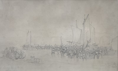 Lot 47 - Edward Duncan (1803-1882) pencil study - Landing Fish at Whitby, inscribed, exhibited 1873, 31cm x 51cm, in glazed frame