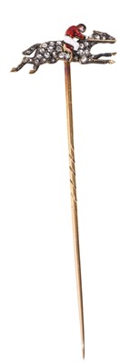 Lot 726 - Antique diamond and enamel ‘jockey’ stick pin