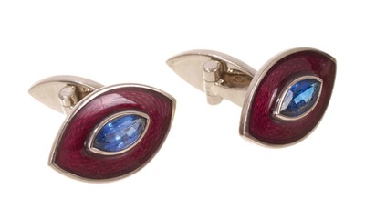 Lot 732 - Pair of 18ct white gold, enamel and blue sapphire marquise panel cufflinks