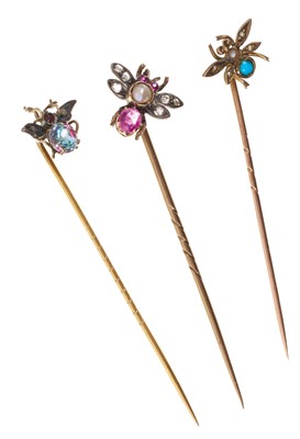 Lot 729 - Victorian diamond, pearl and pink gem-set novelty stick pin in the form of a fly, Victorian turquoise and seed pearl fly stick pin and one other gem set (3)
