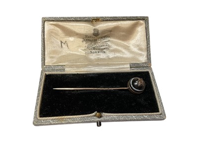 Lot 233 - Collection of antique and later stick pins including a diamond set red stone panel horseshoe, banded agate cabochon, paste set etc and a collection of various semi-precious stone sphere stick pi...