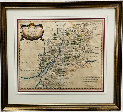 Lot 186 - Robert Morden late 17th century hand coloured engraved map of Gloucestershire, 1695, with Harrods certificate attached verso, 36cm x 42cm, in glazed gilt frame