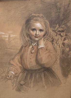 Lot 1267 - English School, 19th century, pencil, pastel and chalk on paper - Portrait of a little girl gathering foliage, apparently unsigned, 72cm x 52cm, in glazed gilt frame