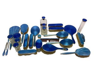 Lot 573 - Quantity of silver and blue enamel dressing table items
