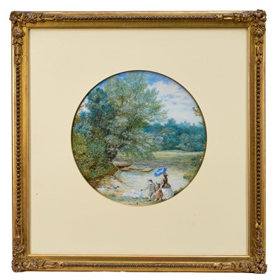 Lot 1268 - English School, 19th century, a fine pair of watercolours and bodycolour - Feeding The Swans and Playing by The Pond, monoframed T.E and dated 1862