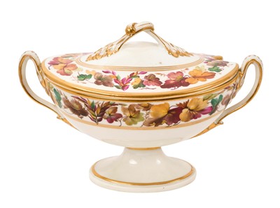 Lot 278 - Derby sauce tureen and cover, painted by George Complin with autumnal leaves, circa 1795