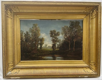 Lot 30 - 19th century French oil on panel, landscape, signed, in gilt frame, labels verso