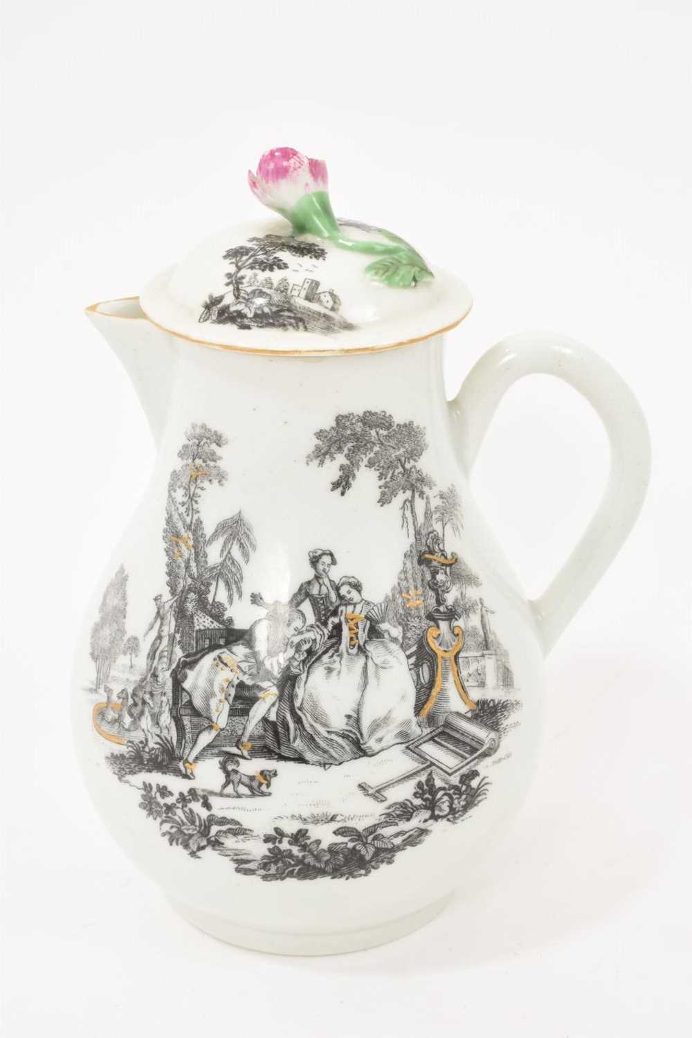 Lot 81 - Worcester milk jug and cover, printed by Robert Hancock with L’Amour, and highlighted in gilt, circa 1770